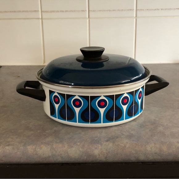 Vintage Other - 60's Retro Enamel Stockpot - 60's Stock Pot - Stovetop Pot - Handled Enamel Pot